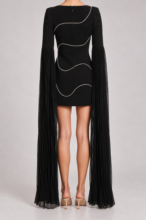 Crystal Cape Bandage Mini Dress in black — back view